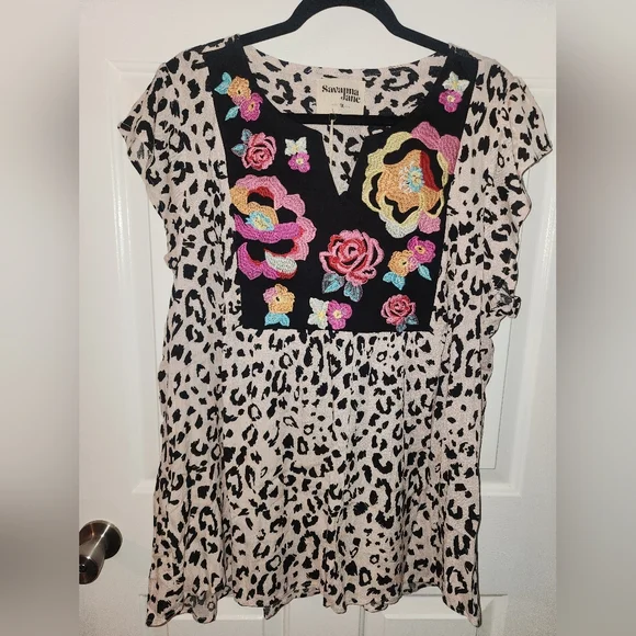 Savannah Jane Multicolor Floral Embroidered Leopard Blouse - Picture 1 of 4